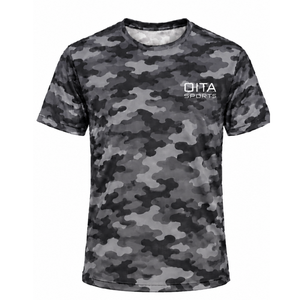 T-shirt camouflage charbon de bois pour homme, manches courtes, col rond, imprimé camouflage, pour entraînement sportif, gym, performance, vêtements de sport actifs - Product Image 1