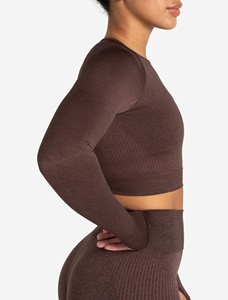 Haut court marron à manches courtes pour femme, imprimé, en coton tricoté et élasthanne, col rond, coupe décontractée, séchage rapide, anti-plis, respirant - Product Image 5