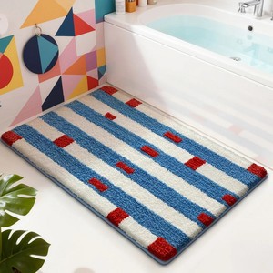 Tapis de bain en coton rayé rectangulaire bleu blanc rouge, tufté, antidérapant, avec dos en caoutchouc, lavable en machine, style moderne - Product Image 5