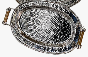 Hammered Oval Shaped Silver Tray Wooden Handle Dining <b>Table</b> Food Serving Silver Tray Decorative <b>Copper</b> Tray - Product Image 4