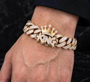 Bracelet Hip Hop en or jaune 10 carats avec diamants Moissanite taille baguette et taille ronde, couronne royale, bijoux de luxe pour hommes - Product Image 2