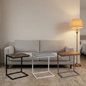 Modern Square Wooden <b>Side</b> <b>Table</b> with <b>White</b> Iron Frame Minimalist Industrial End <b>Table</b> for Living Room - Product Image 2