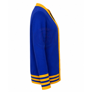 Cárdigan de punto acrílico transpirable con cuello en V para mujer, de manga larga, con botones frontales y bordado, de la hermandad griega Sigma, en azul y amarillo. - Product Image 3