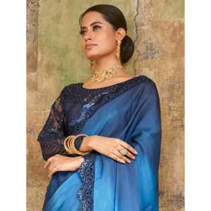 Sari de fiesta de satén bordado azul atractivo con blusa - Product Image 5