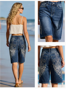 TRIBON SPORTS Shorts de mezclilla ajustados de cintura alta para mujer, pierna recta, lavado a la piedra, bordado de estrellas, estilo dulce de verano, transpirables - Product Image 6
