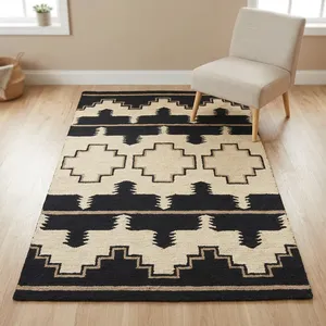 Tapis rectangulaire moderne géométrique en jute écologique, noir et beige, tufté à la main, à poils ras, avec envers antidérapant en latex - Product Image 2