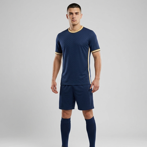 Custom Navy Blue <b>Soccer</b> Uniform Set with Gold and White Trim Sublimated Football Uniforms - Product Image 4
