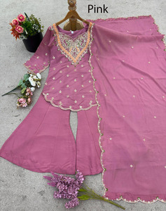 Nouvel ensemble haut en soie, sharara et dupatta, broderie et sequins, entièrement cousu, prêt-à-porter, robe de fête haut de gamme pour Diwali - Product Image 3