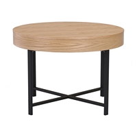 Table basse moderne en bois courbé avec plateau en placage de chêne naturel, structure en acier et compartiment caché pour salon