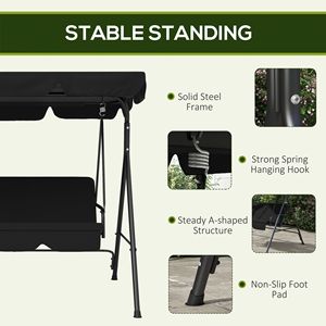 Dondolo da Giardino a 3 Posti Nero con Cuscino e Tettuccio Regolabile per Esterni - Product Image 5
