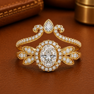 Vintage Oval Halo Lab Grown Diamond Bridal <b>Ring</b> Set 14K Solid Gold Pear & Round Cut <b>Crown</b> Band Wedding <b>Rings</b> Rhodium Plated - Product Image 1