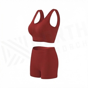 2 Piece Yoga Set Solid <b>Red</b> Racerback <b>Crop</b> <b>Top</b> High Waist Shorts Seamless Breathable Sportswear - Product Image 3