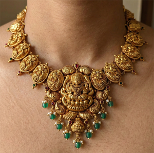 Conjunto de Collar de Oro Sólido de 22K |   Joyería nupcial tradicional india |   Haram de Oro Hecho a Mano con Acabado Antiguo - Product Image 1