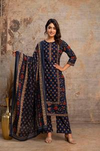 Traje Recto de Algodón Azul para Mujer, Largo hasta la Rodilla, con Dupatta, Estilo Tradicional, Corte Regular, Secado Rápido, Multitemporada, Informal, para Diwali/Bodas - Product Image 6