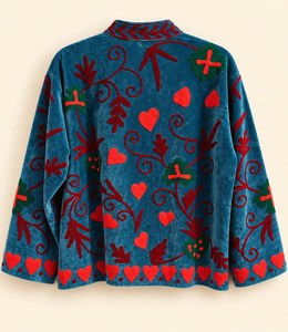 <b>Women's</b> Blue <b>Velvet</b> Embroidered Jacket Boho Stand Collar <b>Coat</b> Floral Zipper Outerwear Trendy <b>Velvet</b> <b>Women</b> Embroidered Jacket - Product Image 5
