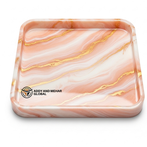 <b>Warm</b> Orange & Soft Pink Marble Effect <b>Tray</b> with Gold Border | Contemporary <b>Tray</b> - Product Image 1