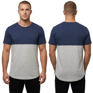 T-shirt pour homme à blocs de couleur, manches courtes, col rond, coupe classique, décontracté, tricoté, gris bleu, design uni - Product Image 1