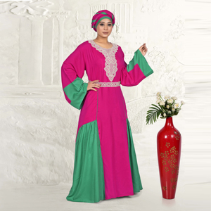 Caftán de Rayón con Diseño Intrincado de Encaje en el Pecho, Paneles en Contraste de Dos Tonos, Mangas Campana Relajadas, Transpirable, Largo hasta el Suelo, Ideal para Eid - Product Image 1