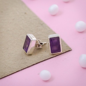Natural Amethyst Purple Bezel set Rectangular <b>Stud</b> Earrings Gemstone Sterling <b>Silver</b> Handmade Birthstone <b>Studs</b> - Product Image 4