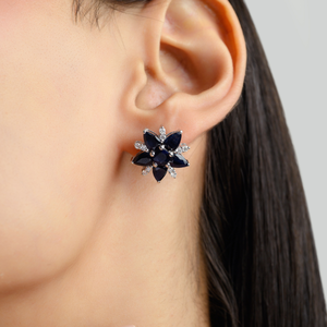 Elegant Floral Round & Pear Cut Authentic Blue Sapphire & Diamond Minimalist 925 Solid <b>Silver</b> <b>Stud</b> Earrings For Women & Girls - Product Image 2