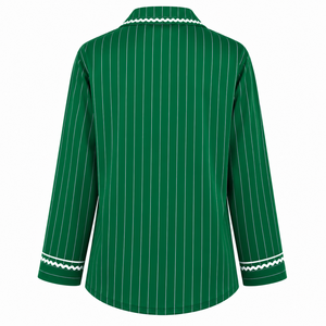 Iota Phi Lambda Women's Striped Pajama Set Button Front Long Sleeve Sleepwear Contrast Trim Lounge <b>PJs</b> With Drawstring Pants - Product Image 3