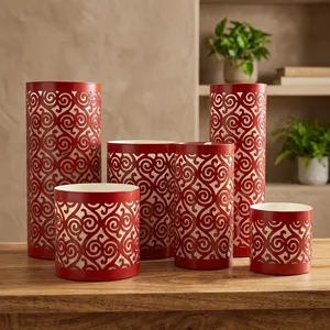 <b>Red</b> Cylinder Metal <b>Candle</b> Holders With White Scroll Cutout Design For Home Decoration - Product Image 5