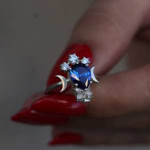 Bague unique en argent sterling 925 avec saphir certifié IGI, crâne et triple lune, style Art Déco, pour femmes et hommes, style gothique - Product Image 3