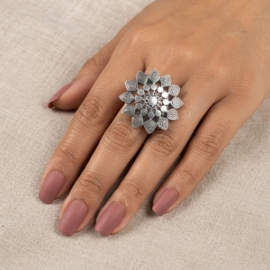 DIVYORO VINTAGE OXIDIZED SILVER INLAY ETHNIC STATEMENT <b>RING</b> with PINK & GREEN STONE ACCENTS Women's Brass - Product Image 4