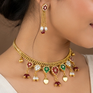 925 Sterling <b>Silver</b> Gold Plated <b>Choker</b> Necklace and Earring Set with Multicolored Stones Pearls and Traditional Enamel Work - Product Image 6