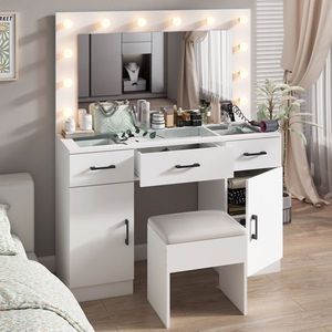 Large Lighted <b>Mirror</b> <b>Makeup</b> Vanity Desk Set with 3 Drawers 2 Cabinets Wood Top Vanity Table for Dressing Power Outlet Included - Product Image 4