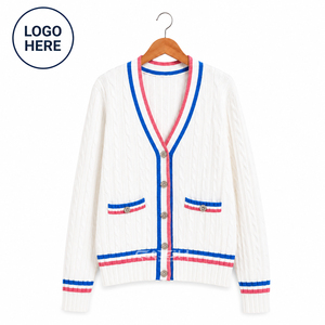 Pull d'hiver élégant à rayures blanches, bleues et roses avec logo personnalisé Cosh International Sisterhood, fermeture à boutons contrastants - Product Image 1