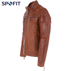 Chaqueta de Cuero Marrón para Hombre SPOFIT, Estilo Motero, Cuello Alto, Cierre de Cremallera, Corte Regular, para Otoño - Product Image 2