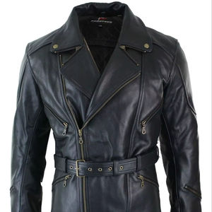 Veste de motard en cuir noir pour homme, long manteau trench ceinturé, vêtement d'extérieur décontracté en cuir véritable pour l'automne et l'hiver - Product Image 1