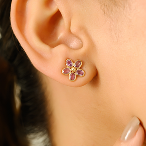 14K Gold Floral Stud <b>Earrings</b> with Pear Cut Diamond and Pink Sapphire - Product Image 1