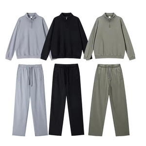 Ensemble de survêtement unisexe couleur unie avec demi-fermeture éclair, coupe ample, sweat-shirt en coton long et pantalon à cordon de serrage, tenue décontractée d'automne - Product Image 1