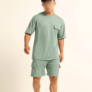 Fully Customized Made Men's Solid Green Cotton T-Shirt and Shorts <b>Set</b> Crew Neck Casual Summer Outfit Breathable <b>Knitted</b> Style - Product Image 1
