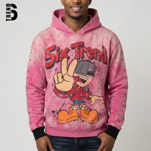 Sudadera con Capucha Personalizada para Hombre, Color Rosa, Lavado Ácido, con Pedrería, 450GSM, Estilo Urbano Y2K, Estampado Gráfico de Dibujos Animados, Corte Holgado - Product Image 4
