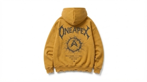 Men's Mustard <b>Yellow</b> Distressed <b>Hoodie</b> Oversized Heavyweight Cotton Fleece Graphic Pullover Streetwear Sweatshirt Custom Logo - Product Image 2