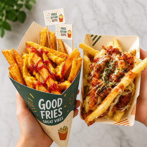 Boîte à frites et crêpes en carton biodégradable, écologique, jetable, faite à la main, imprimée sur mesure - Product Image 3