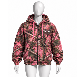 Rose <b>Pink</b> Forest Print Zip <b>Hoodie</b> Mens Casual Outdoor Hooded Sweatshirt with Drawstring Front Pockets Warm Everyday Streetwear - Product Image 1