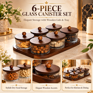 Six Piece Glass <b>Canister</b> <b>Set</b> Wooden Lids Tray Ribbed Jars for Nuts Snacks Dry Fruits Kitchen Storage | Elegant Pantry Organizers - Product Image 5