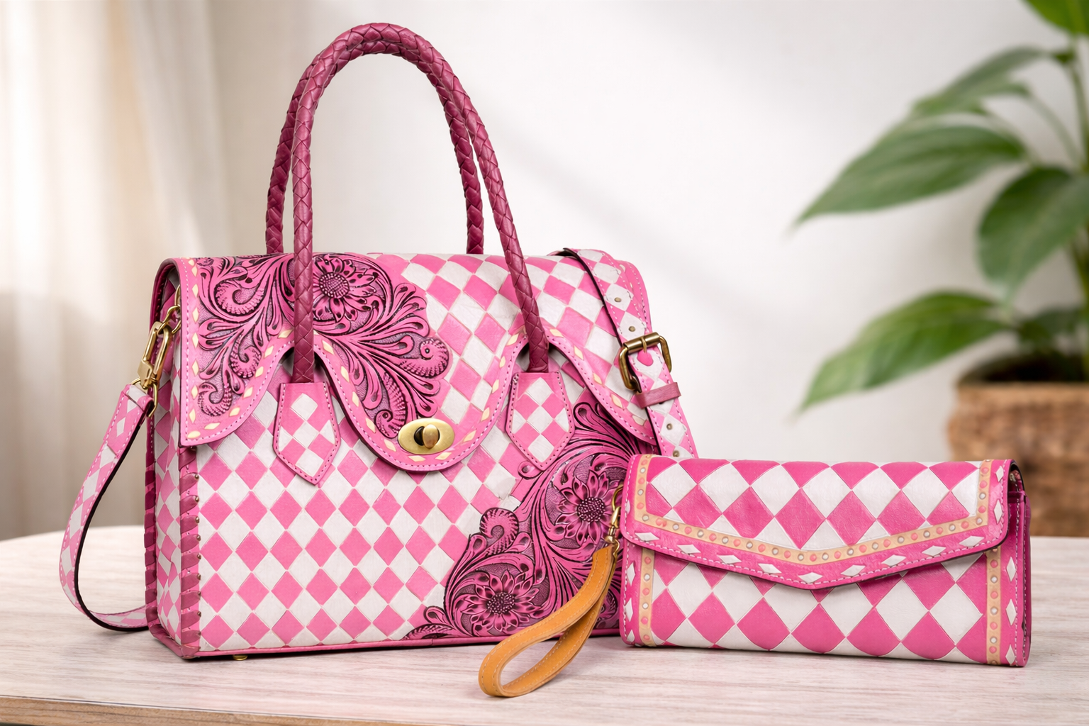 ลายตารางหมากรุกสีชมพูและขาว