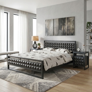 Dice Black Metal Eco-Friendly <b>Space</b>-<b>Saving</b> Modern Geometric Diamond Pattern Platform <b>Bed</b> Frame 3D Textured Headboard Hotel - Product Image 5