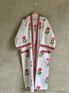 Kimono Ecológico de Verano con Estampado Floral, Cuello en V, Tejido a Mano, Estilo Kaftan de Algodón, con Cinturón, Largo Completo para Mujer - Product Image 2