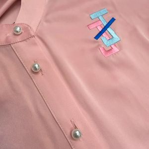 Pink Women's Long Sleeve Blouse with <b>Tie</b> <b>Neck</b> Bow Front Button Closure and Embroidered Chest Logo Casual Dress Shirt <b>Top</b> - Product Image 4