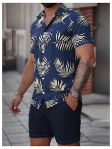 Mens Tropical <b>Leaf</b> Print Summer Two Piece Set Short Sleeve Button Shirt And Elastic Waist Shorts Lightweight Beach Outfit - Product Image 3