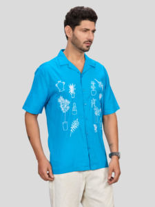 Men's Blue Short Sleeve Casual <b>Shirt</b> with Hand Embroidered Turn-down Collar 100% Cotton All Time Wear Winter - Product Image 2