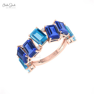 Anillo de media eternidad con topacio azul suizo y tanzanita de corte octogonal de 7x5 mm, en oro fino de 14k, anillo de cóctel con diamantes, de proveedores verificados - Product Image 2