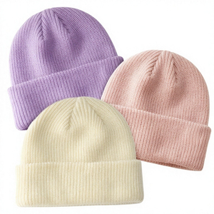 Unisex Solid Color Beanie Hat 100% Acrylic Knitted <b>Winter</b> <b>Cap</b> for Adults Casual Wear in Purple Pink Cream - Product Image 1