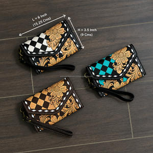 Western 2026 Tooled Leather Wallet Checkered Pattern Cowgirl <b>Wristlet</b> Wallet Boutique Clutch Purses RFID Card Holder Organizer - Product Image 2